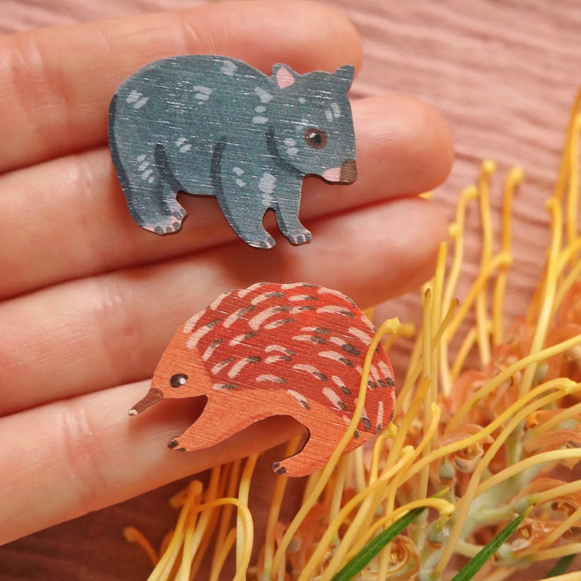 Australian echidna wooden animal pin