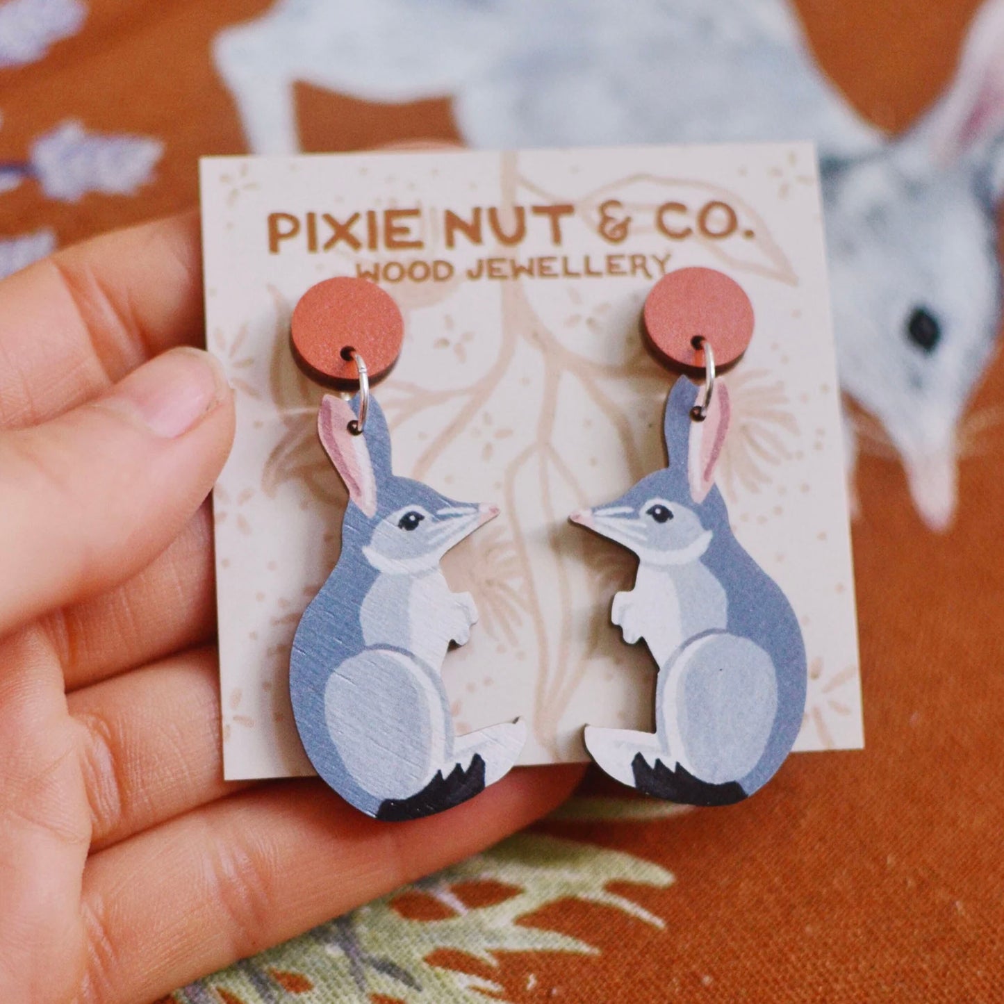 Australian animal Bilby wooden stud earrings