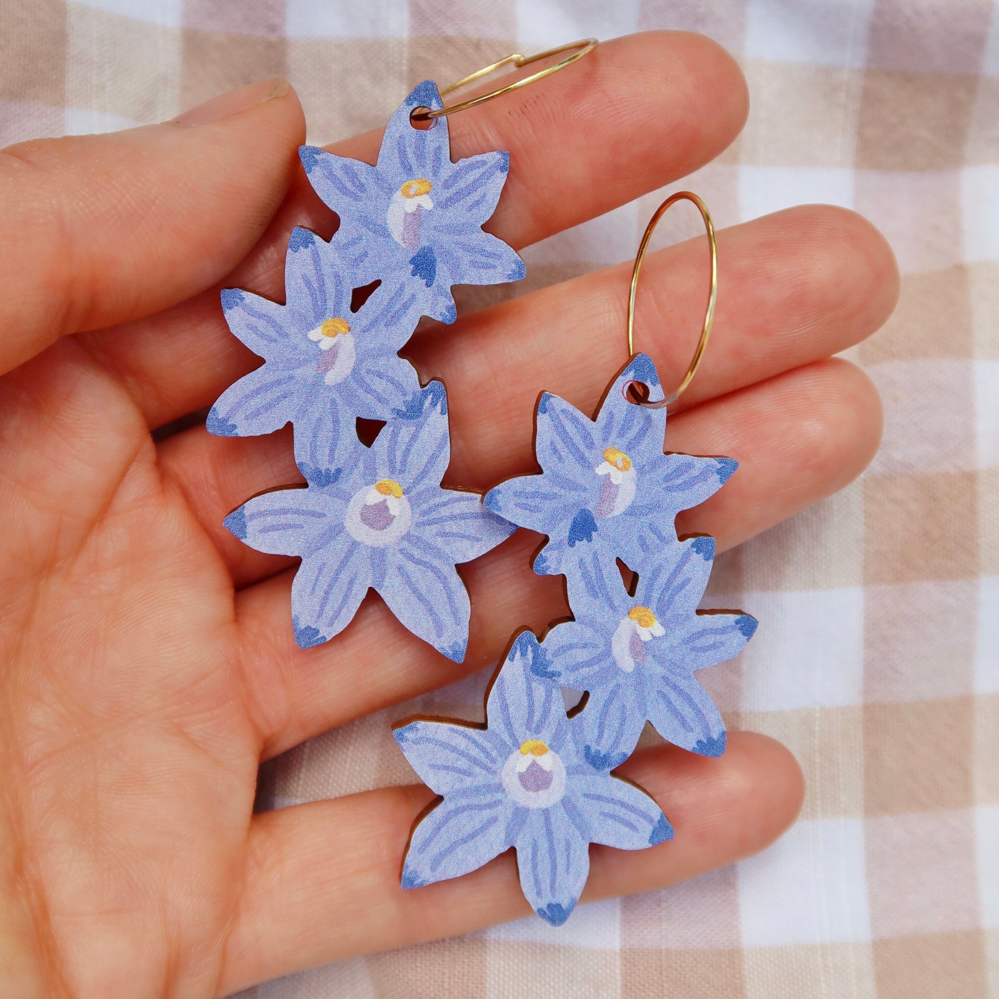 Australian wildflower Scented Sun Orchid wooden hoop earrings