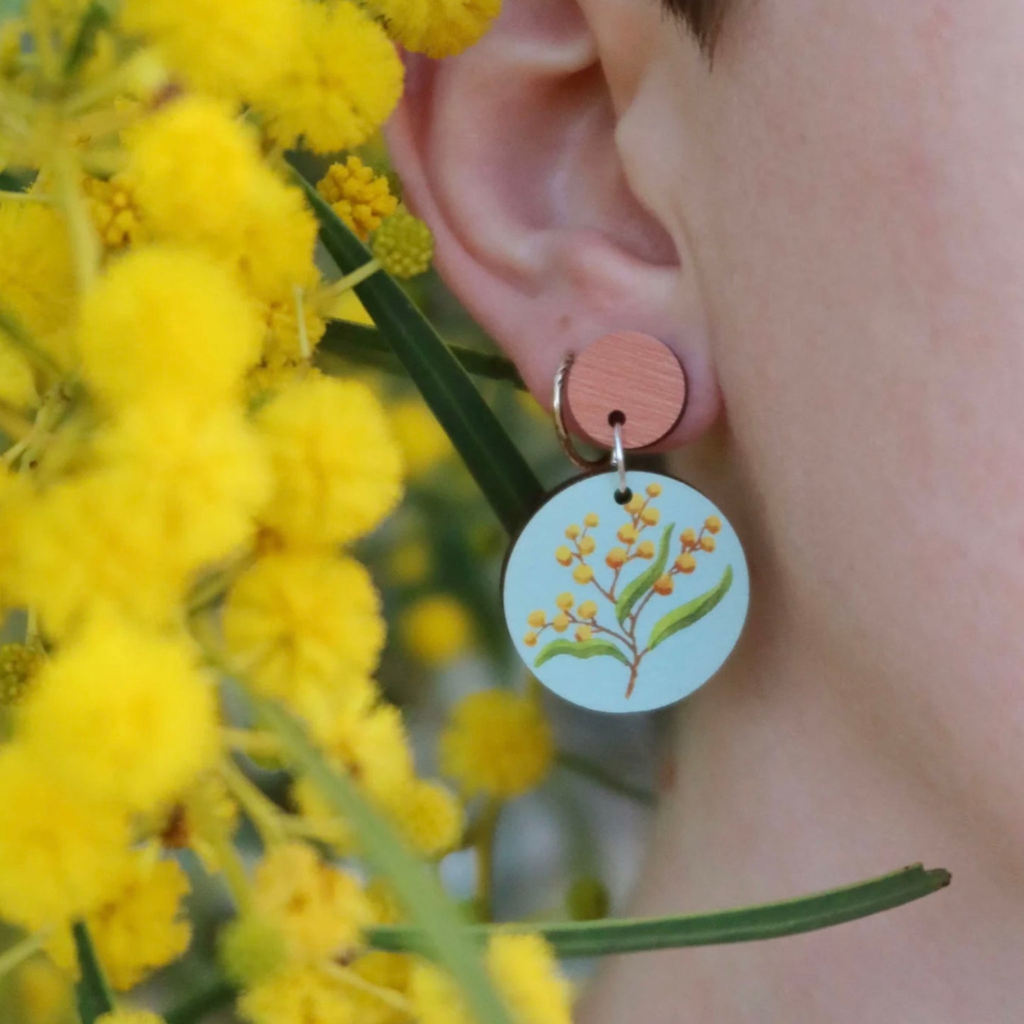 Australian wildflower golden wattle wooden stud earrings