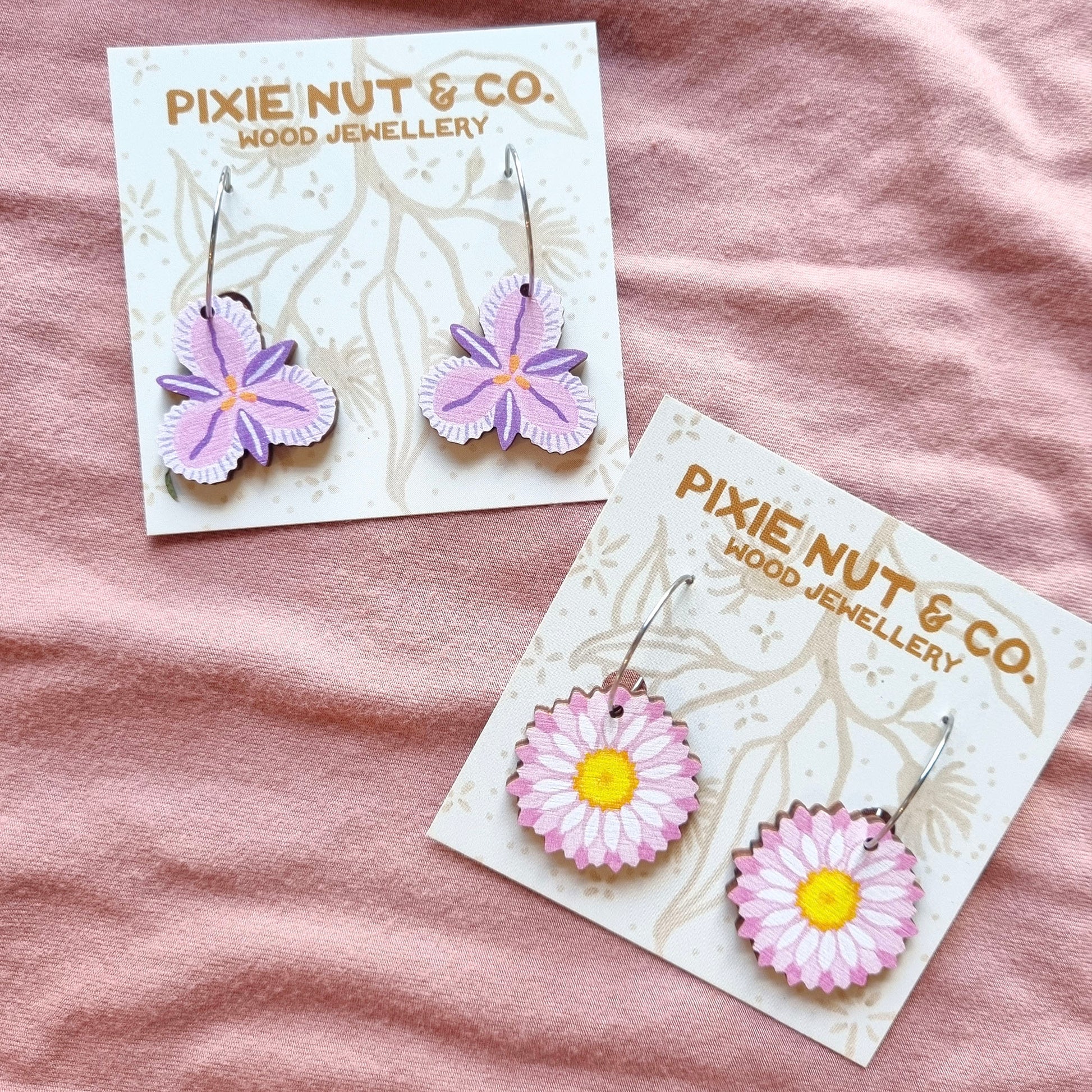 Australian wildflower pink everlasting daisy wooden hoop earrings