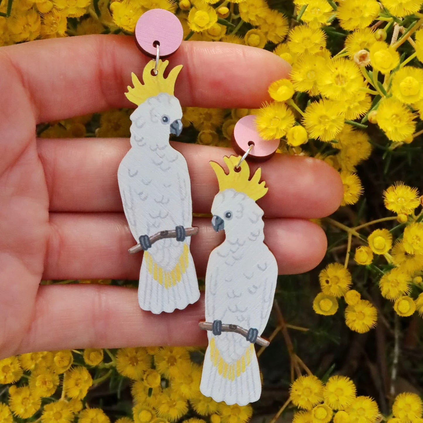 Australian native white sulphur crested cockatoo wooden stud earrings