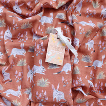 Load image into Gallery viewer, Australian Bilby and wildflower 120 x 120cm square organic cotton baby swaddle blanket.