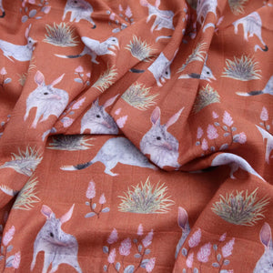 Australian Bilby and wildflower 120 x 120cm square organic cotton baby swaddle blanket.