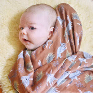 Australian Bilby and wildflower 120 x 120cm square organic cotton baby swaddle blanket.