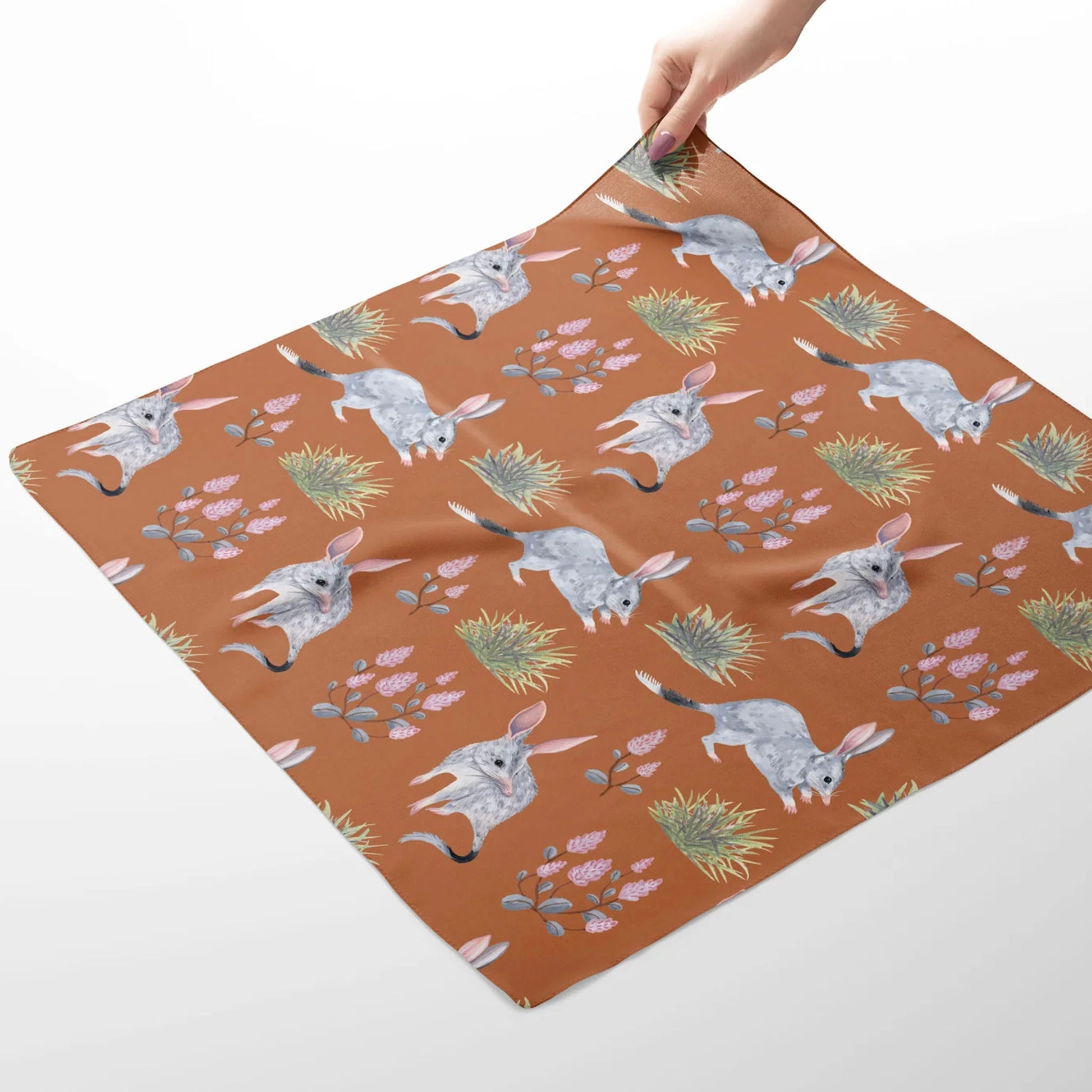 Australian Bilby and wildflower 65 x 65cm square silk cotton scarf.
