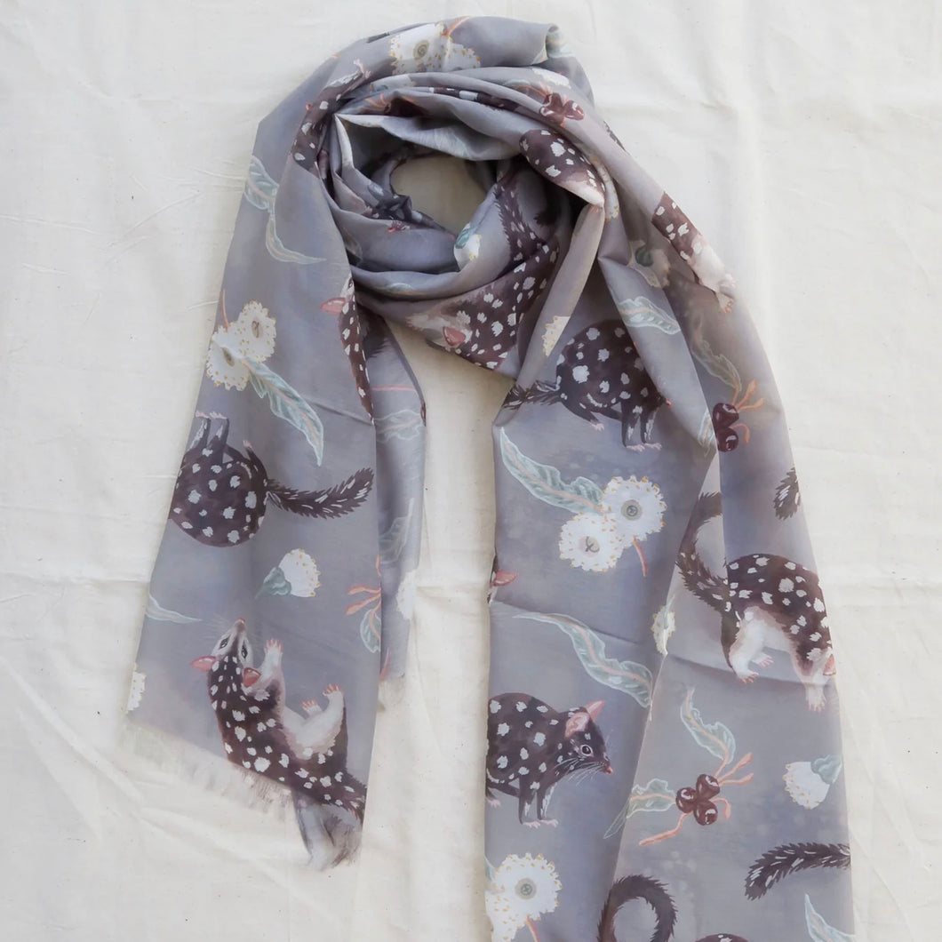 Australian native Eastern Quoll and wildflowers 180 x 65cm long silk cotton scarf.