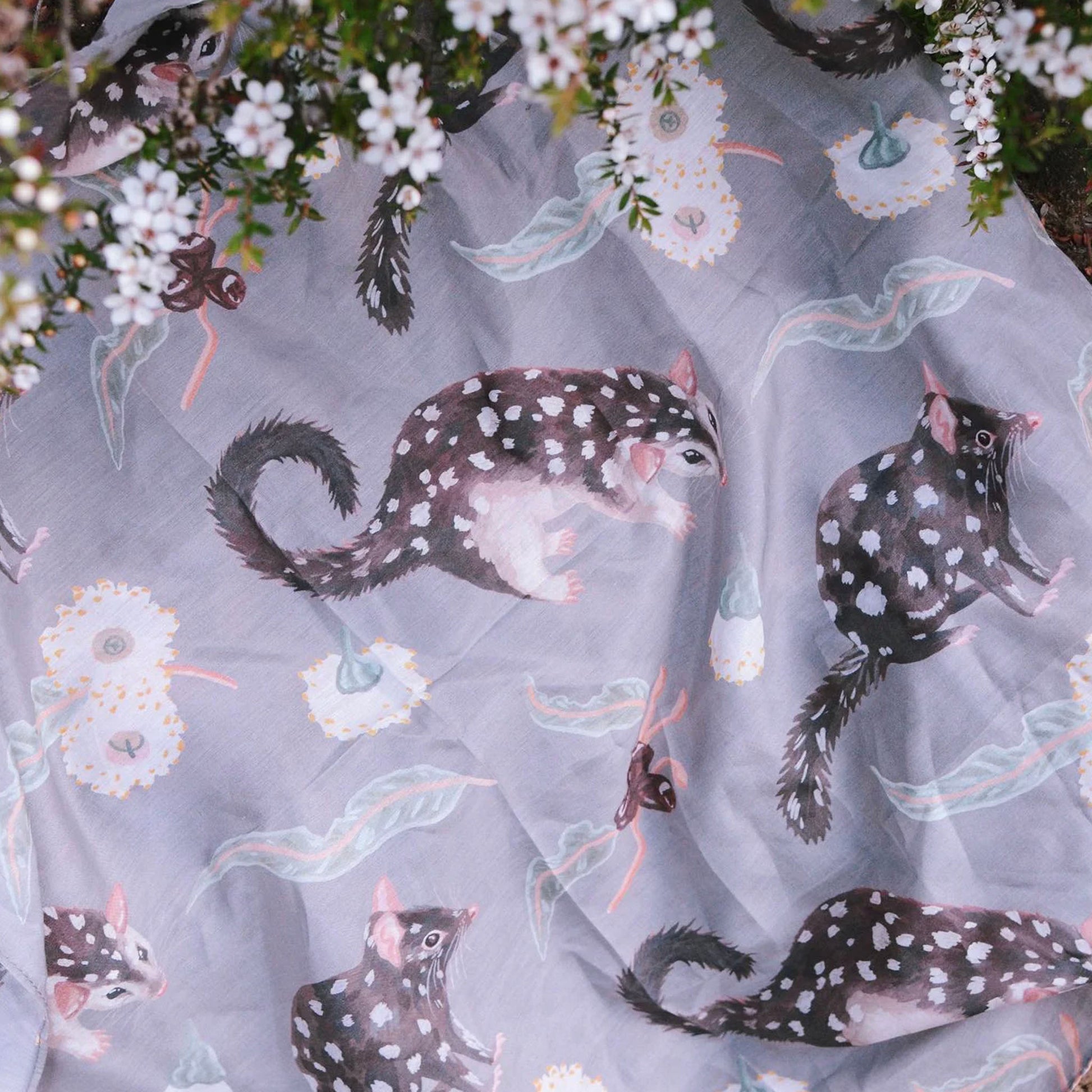 Australian native Eastern Quoll and wildflowers 180 x 65cm long silk cotton scarf.