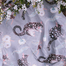Load image into Gallery viewer, Australian native Eastern Quoll and wildflowers 180 x 65cm long silk cotton scarf.