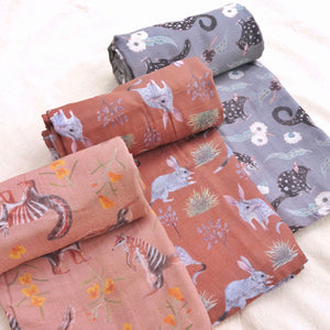 Australian flora and fauna 120 x 120cm square organic cotton baby swaddle blankets.