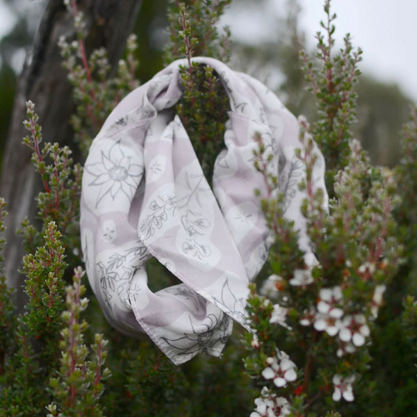 Australian Heathland wildflowers 180 x 65cm long silk cotton scarf.