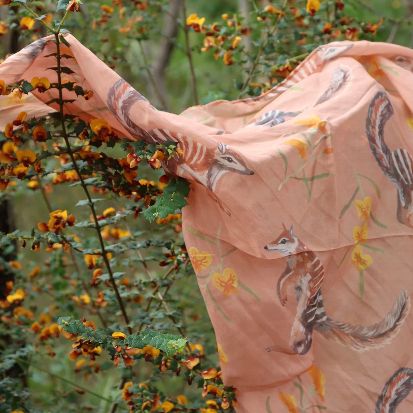 Australian numbat and wildflower 65 x 65cm square silk cotton scarf.