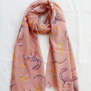 Australian native Numbat and wildflowers 180 x 65cm long silk cotton scarf.