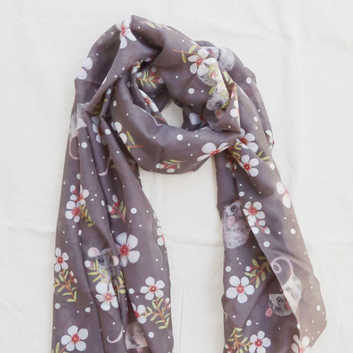 Australian Possum and wildflowers 180 x 65cm long silk cotton scarf.