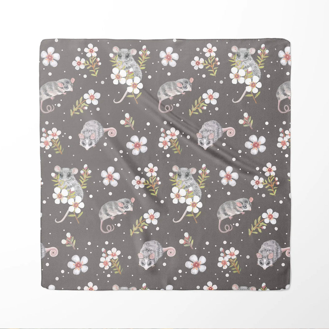 Australian Possum and wildflowers 65 x 65cm long silk cotton scarf.