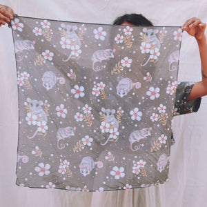 Australian Possum and wildflowers 65 x 65cm long silk cotton scarf.