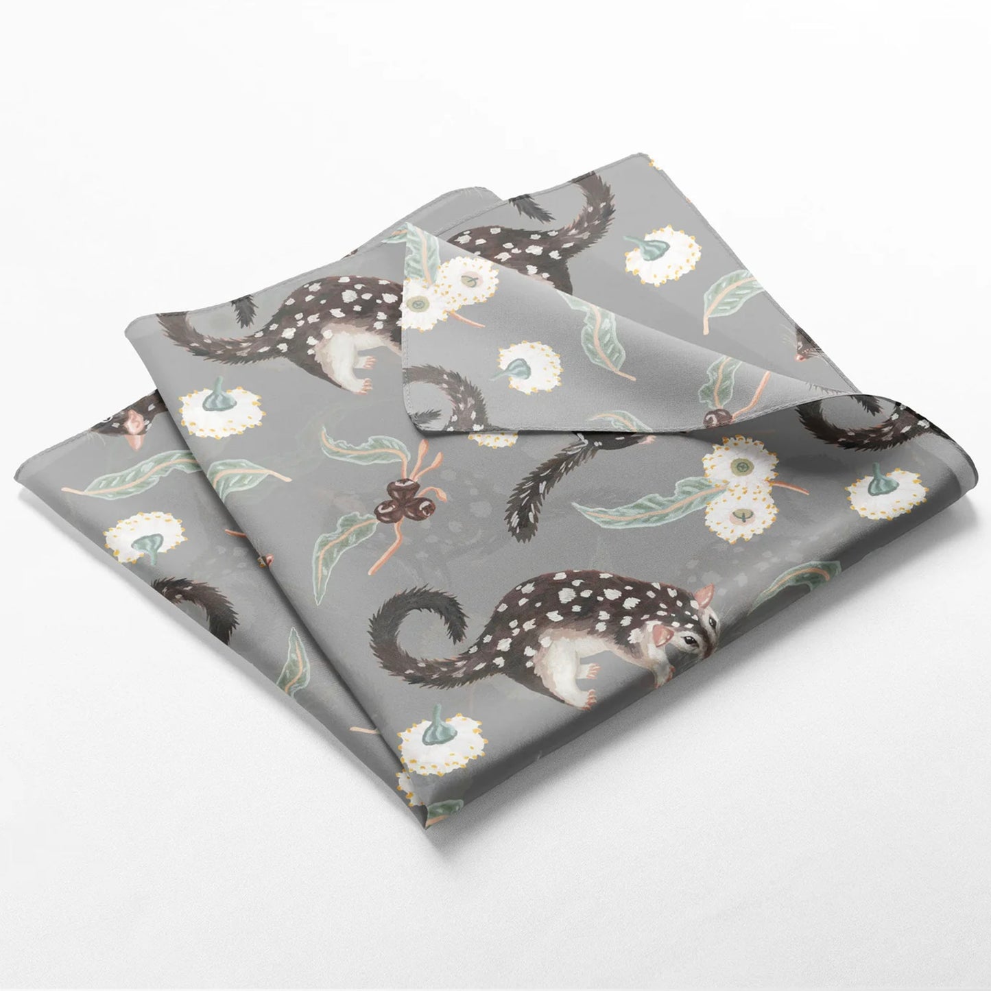 Australian Eastern Quoll and wildflower 65 x 65cm square silk cotton scarf.