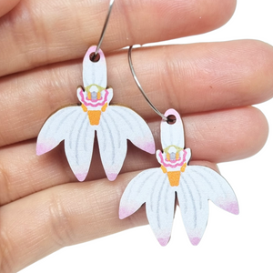 Australian native wildflower Dusky Fingers Orchid wooden hoop earrings