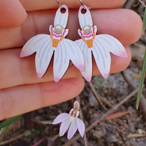 Australian native wildflower Dusky Fingers Orchid wooden hoop earrings