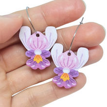 Load image into Gallery viewer, Australian native wildflower Purple Donkey Orchid wooden hoop earrings.