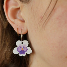Load image into Gallery viewer, Australian native wildflower Native Violet wooden hoop earrings.