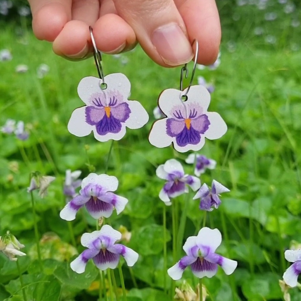 Australian native wildflower Native Violet wooden hoop earrings
