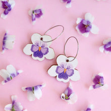 Load image into Gallery viewer, Australian native wildflower Native Violet wooden hoop earrings.