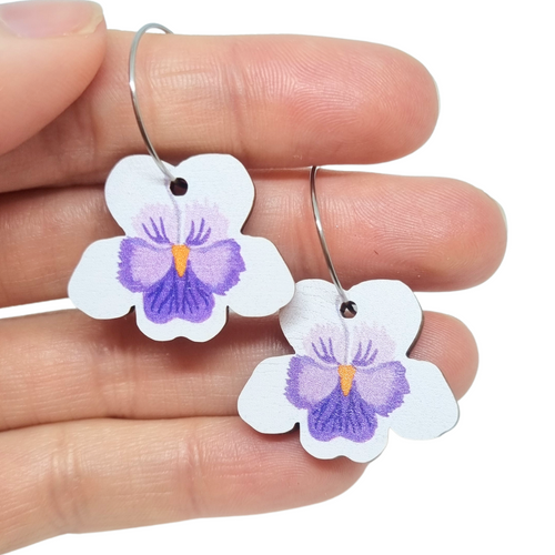 Australian native wildflower Native Violet wooden hoop earrings.