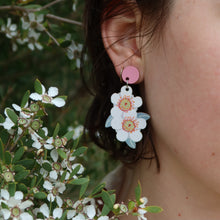 Load image into Gallery viewer, Australian native wildflower Coast Tea Tree wooden stud earrings.