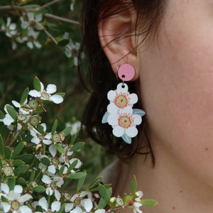 Australian native wildflower Coast Tea Tree wooden stud earrings.