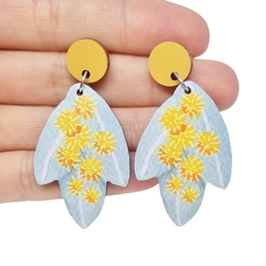 Australian native wildflower Silver Wattle wooden stud earrings.