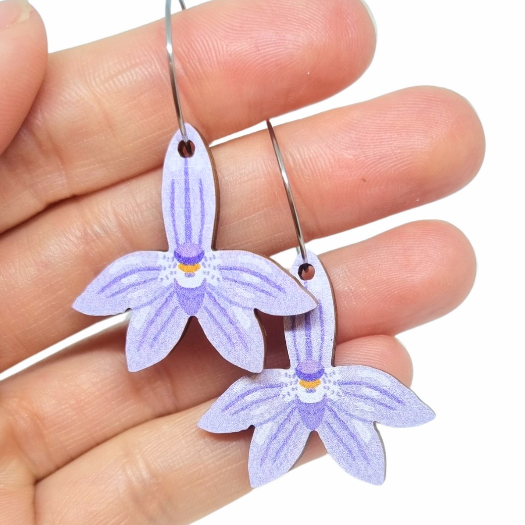 Australian native wildflower Waxlip Orchid wooden hoop earrings.
