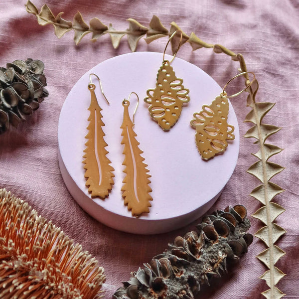 Australian Banksia Seed Pod gold plated hoop earrings.