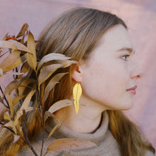 Load image into Gallery viewer, Australian Gum Leaf gold plated hook earrings.