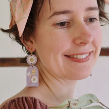 Load image into Gallery viewer, Australian native wildflower White Gum Blossom wooden hoop earrings.