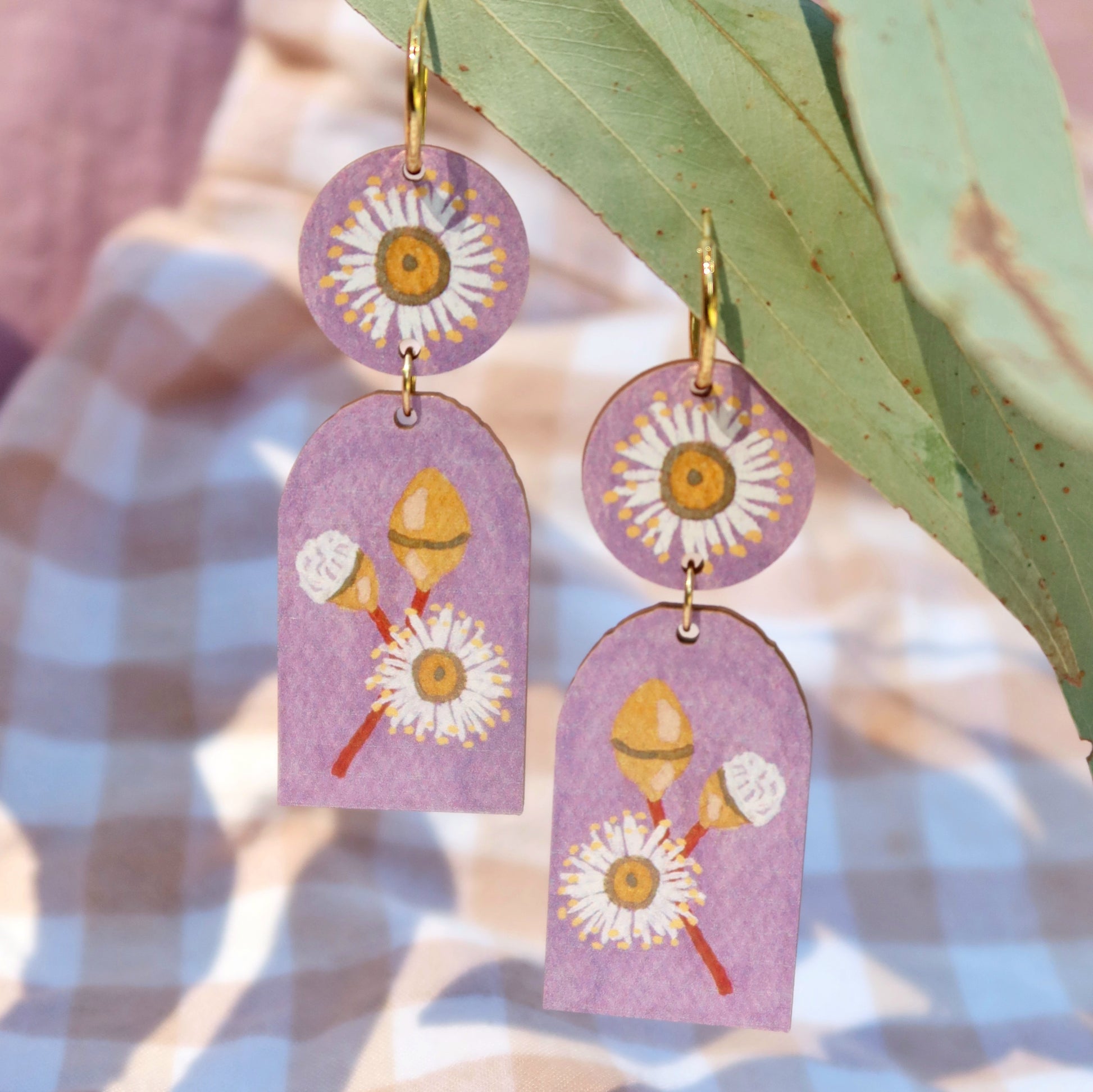 Australian native wildflower White Gum Blossom wooden hoop earrings.