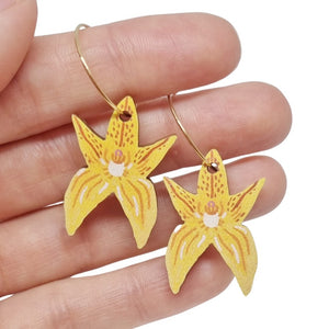 Australian wildflower Cowslip Orchid wooden hoop earrings