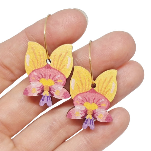 Australian wildflower Donkey Orchid wooden hoop earrings