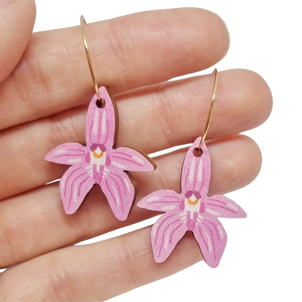 Australian wildflower Pink Fairy Orchid wooden hoop earrings