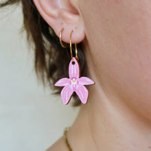 Load image into Gallery viewer, Australian wildflower Pink Fairy Orchid wooden hoop earrings