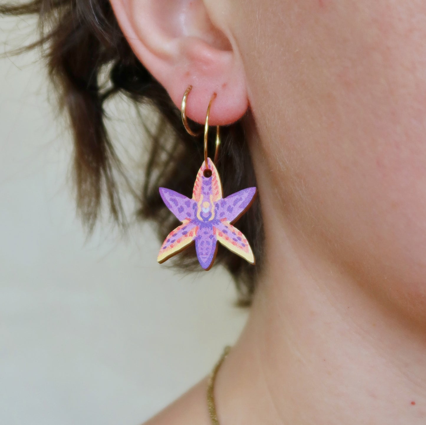 Australian wildflower Queen of Sheba Orchid wooden hoop earrings