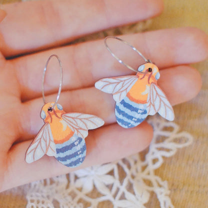Australian blue banded bee wooden hoop earrings