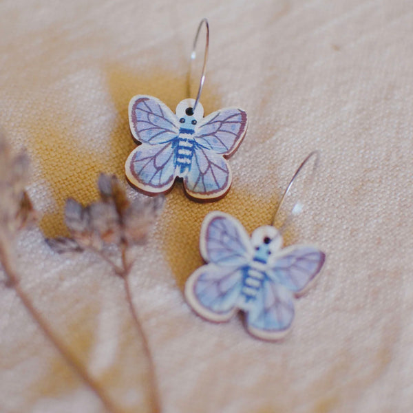 Australian common blue butterfly wooden hoop earrings
