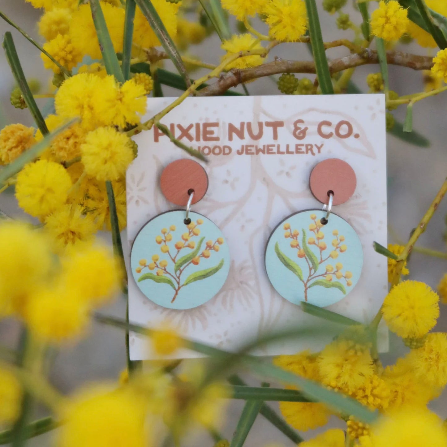 Australian wildflower golden wattle wooden stud earrings