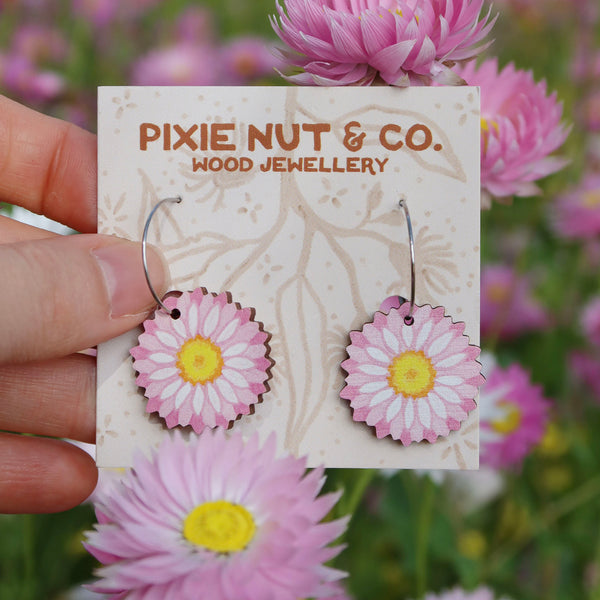 Australian wildflower pink everlasting daisy wooden hoop earrings