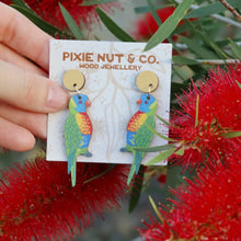 Load image into Gallery viewer, Australian bird rainbow lorikeet wooden stud earrings